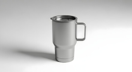 Sleek silver insulated travel mug with a sturdy handle and secure lid, perfect for maintaining beverage temperature, rendered on a minimalist white background