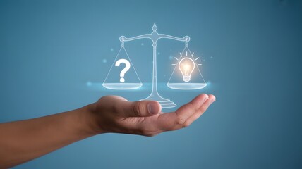 Hand Holding Balance Scale with Question Mark and Light Bulb &ndash; Decision and Idea Concept