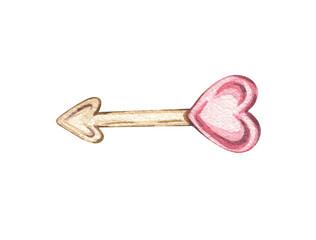 Watercolor Cupid's arrow. Arrow with a heart. Element for Valentine's Day design. A sweet, romantic element. Cupid's arrow, a love arrow.