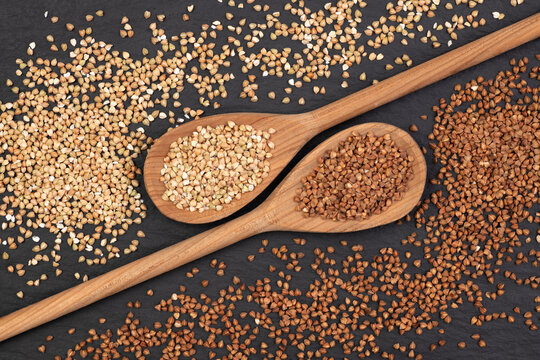 Wooden spoons with two types of buckwheat groats in
spoons 