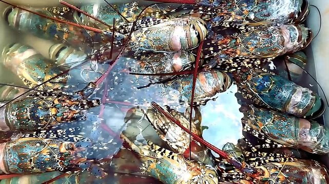 Rainbow lobster freshly caught and kept live in a kitchen box, showcasing vibrant shell colors. Closeup footage highlights freshness and quality seafood ready for restaurant cooking and plating.