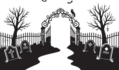 haunted graveyard gate silhouette with spooky trees and bats