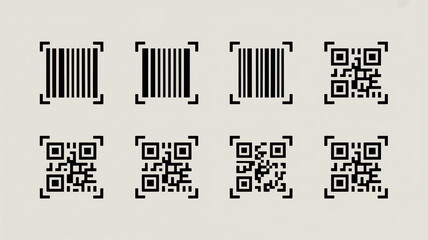 Collection of eight different qr codes and barcodes displayed on a textured light background