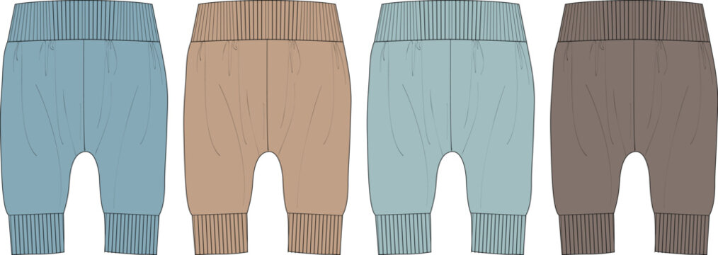 Four pairs of baby harem pants in different solid colors, displayed against a white background