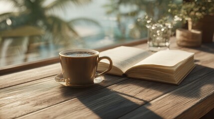 a cup of coffee and an open book on a wooden table in natural daylight cozy reading setup