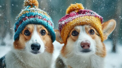 adorable corgis wearing colorful knitted hats in winter scenery with falling snow showcasing playful expressions in a serene outdoor setting
