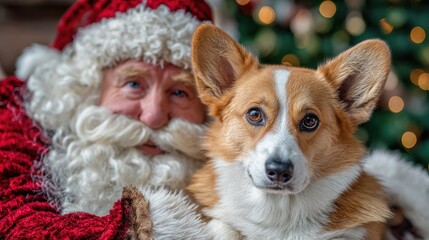 santa claus and santas helper corgi dog portrait happy santa claus with dog near christmas tree santa for dogs sale web banner