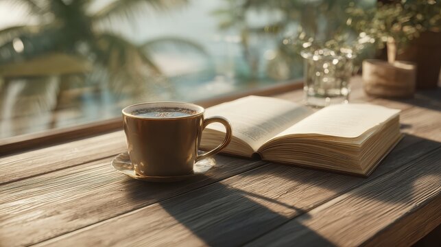 a cup of coffee and an open book on a wooden table in natural daylight cozy reading setup