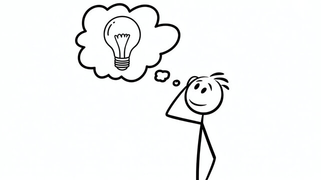 Stick figure thinking with a bright idea light bulb in a thought bubble isolated on white background