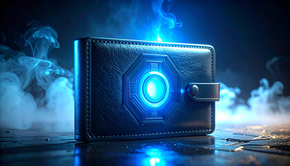 Digital Wallet: A cutting-edge digital wallet, radiating futuristic blue light, symbolizing the forefront of financial technology. Emitting an aura of innovation and security.