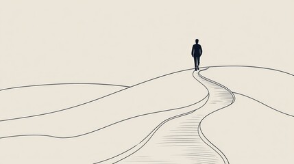 Man walking solitary path desert landscape