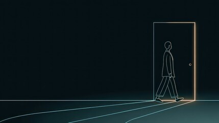 Man walking through illuminated doorway