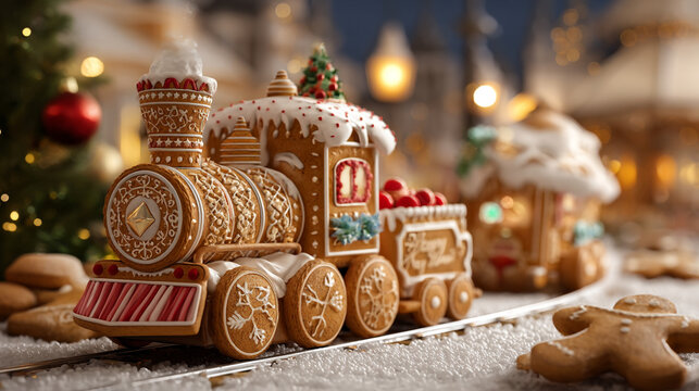 Gingerbread train and house with christmas tree and snow on a blurred background indoors