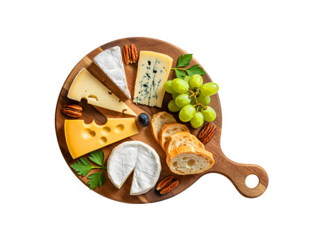 assorted cheese platter with grapes and nuts, mixed cheeses served on wooden board
