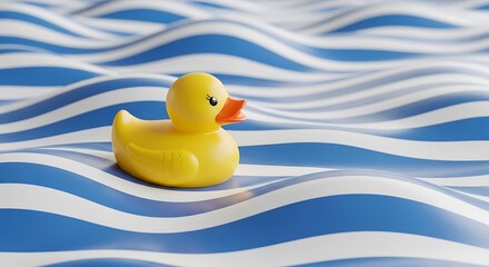 Yellow rubber duck toy floating on blue water in the bath for fun play