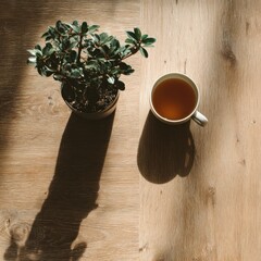 Plant tea cup sunlight wood