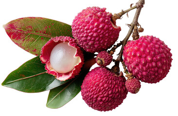 Close-up of lychees on a branch with leaves