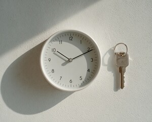 Clock and keys on white wall