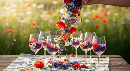 Crystal glasses with red and white wine are a luxury setting for a celebration dinner with flowers in a glass on the table