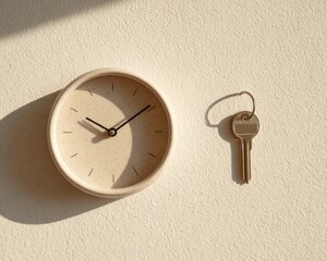 Clock and key on beige wall