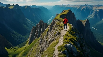 A hiker traverses a dramatic mountain ridge, overlooking a vast, majestic valley stretching into the horizon under a clear blue sky, embodying the spirit of adventure and awe-inspiring natural beauty - Powered by Adobe