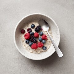 Oatmeal breakfast with berries and spoon