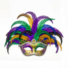 Colorful Mardi Gras feather mask with vibrant decorations and jewels