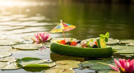 Pink water lily flowers bloom on a pond surface with green leaves, a peaceful aquatic nature scene