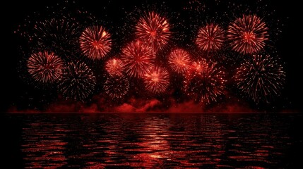 spectacular red fireworks exploding over water at night