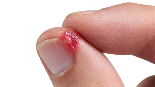 PNG of Close-up of a finger with a minor injury showing a fresh cut on the fingertip.
