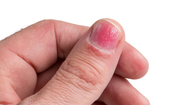 PNG of Close-up of a man's hand showing a cracked, dry nail on the thumb, highlighting skin care needs.