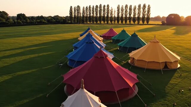 Colorful Glamping Tents on Green Field at Sunset With Trees in Background Vacation and Camping in Nature