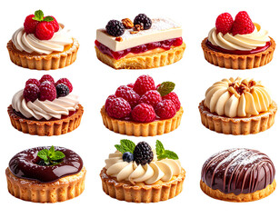 Assortment of Delicious Pastries with Cream, Nuts, and Berries on Transparent Background.