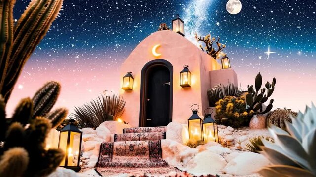 Desert adobe house under starry night sky