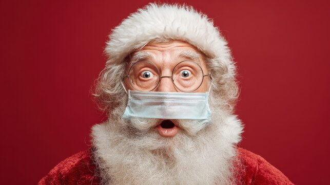 close up portrait of funny old bearded surprised santa claus wearing costume glasses face mask looking at camera standing on christmas red background covid 19 coronavirus safety protection concept no - Powered by Adobe