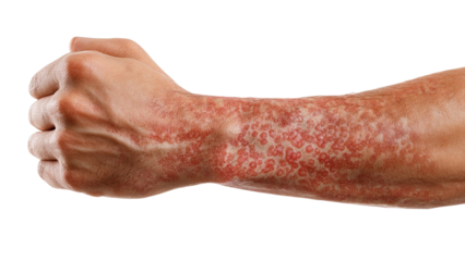 PNG of A close-up of a male arm with visible red, scaly patches, indicating a skin condition or psoriasis.