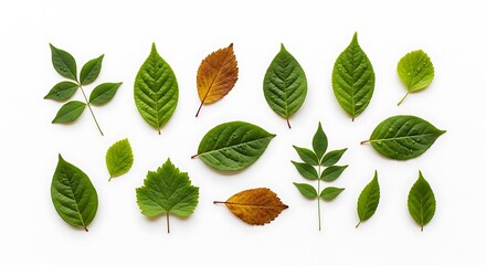Set of green leaves, fresh foliage on a branch, isolated on white background
