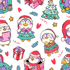 Cute Merry Penguins Christmas Seamless Pattern, Adorable Winter Holiday Illustration. Vector illustration.