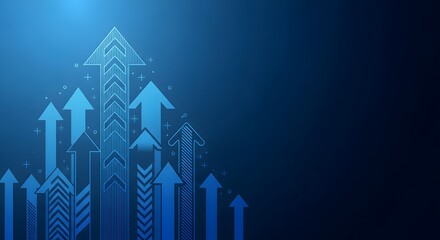 Abstract blue arrows ascend in a digital gradient representing growth and progress