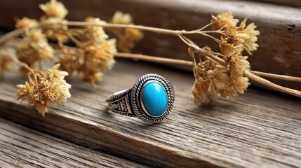 Ornate silver ring with a vibrant oval turquoise gemstone on a rustic wooden surface with dried flowers