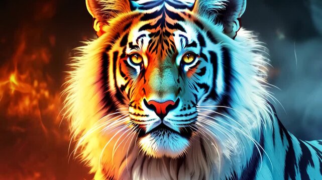 Closeup portrait of a majestic tiger with contrasting fiery orange and icy blue tones, symbolizing duality and power
