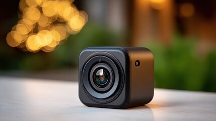 Compact black action camera with wide angle lens set against a blurred outdoor background