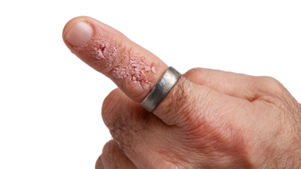 PNG of Close-up of a male hand with a silver ring, showing cracked skin on the thumb, highlighting skin irritation or condition.