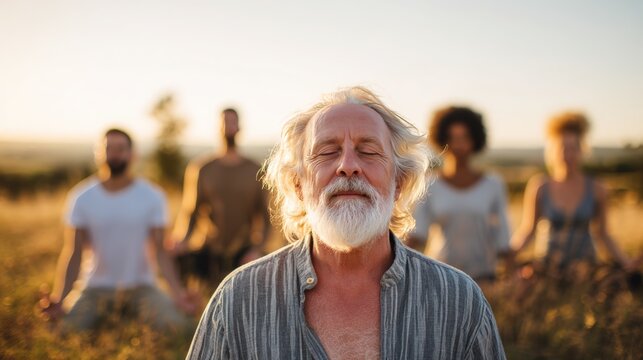 Senior Man Practicing Yoga in Scenic Countryside with Diverse Group