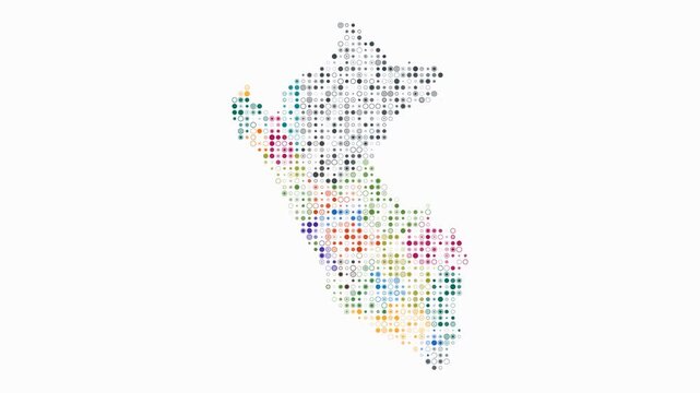 Peru animated country shape. Pulsating colored dots on the map of the country. Small size circle blocks. Digital style Peru map on white background. Simple animation video.