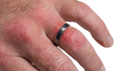 PNG of Close-up of a man's hand with a swollen finger and a silver ring, showcasing signs of irritation and redness around the ring.