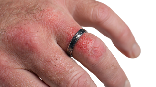 PNG of Close-up of a man's hand with a swollen finger and a silver ring, showcasing signs of irritation and redness around the ring.
