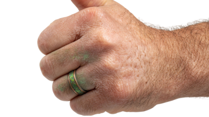 PNG of A close-up of a male hand giving a thumbs up, showcasing a greenish tint from work or creativity.
