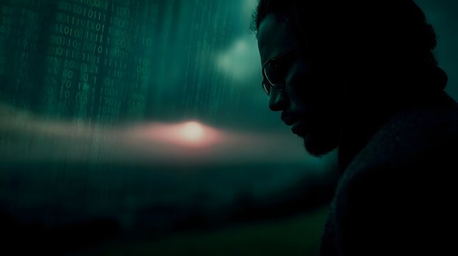 A thoughtful man in silhouette gazes into a digital sunset overlaid with binary code