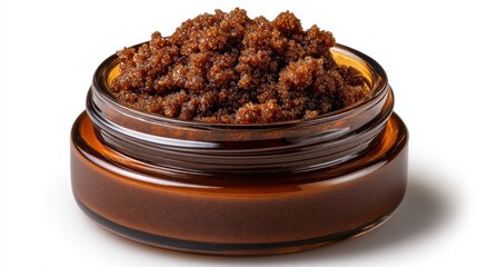 Small glass jar filled with rich dark brown textured food paste or spread